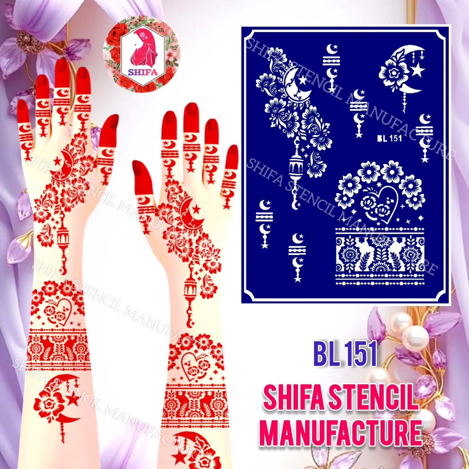 BL151 Starlit Crescent Heart Bloom Double Hand Henna Stencil - Shifa Stencil